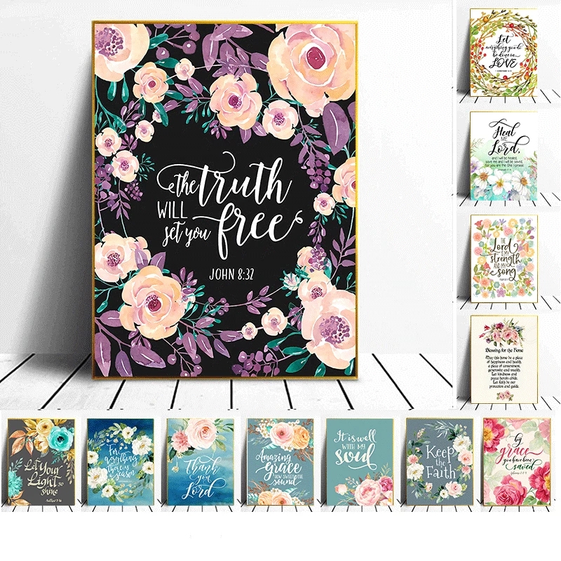 Bible Verses Prints Christian Wall Art Posters Peony Flowers Blessed Quotes Picture Canvas Painting Home Living Room Decor