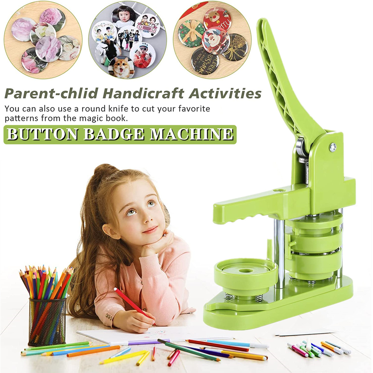 DIY Pin Badge Button Maker Machine， Installation-Free Badge Press Maker Machine for Art Handicraft Button Parts Making 25MM-58MM