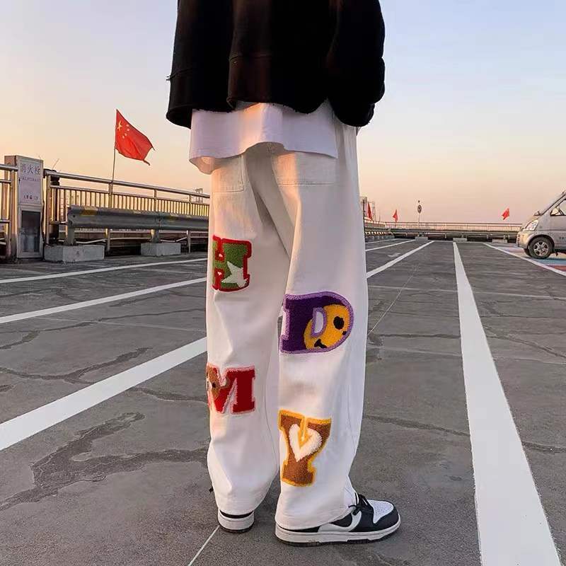 Letter embroidery straight pants tide  hip-hop y2k high street wide-leg pants sportswear casual couple retro  loose