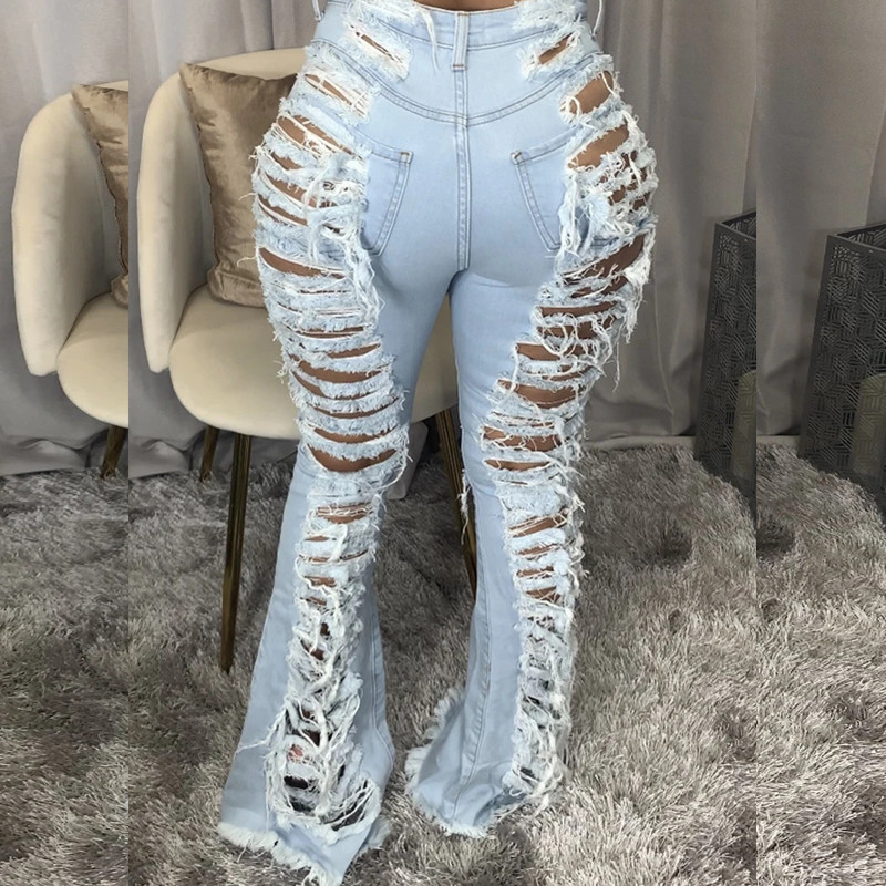 Echoine Casual Loose Blue Jeans Hollow Out Wide Leg Denim Pants Women High Waist Streetwear Harajuku straight  Trousers 