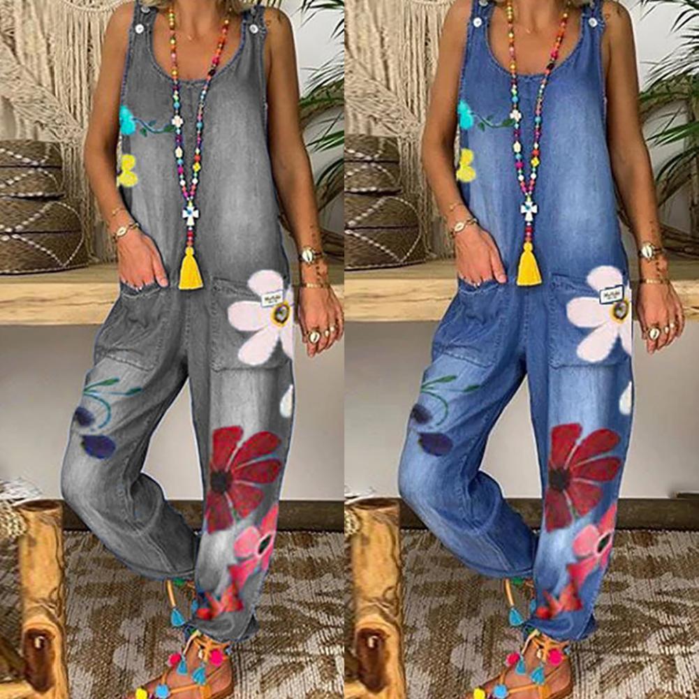 Floral Print Women Denim Jumpsuits Women Basic Overalls for Women Loose BF Chic High Street Wide Leg Denim Pants Jeans Overalls