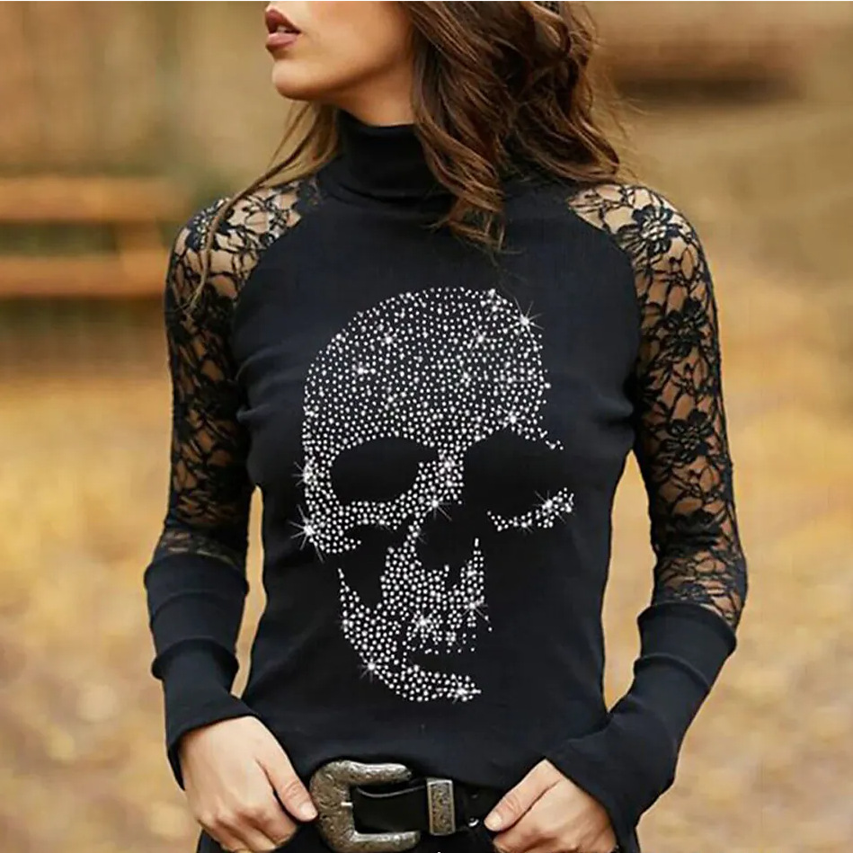 Skull Printed Lace Floral Ladies Tshirt Autumn Drilling Gothic Women Blouses T-Shirt Tops Long Sleeve Sexy Business Ol 2XL