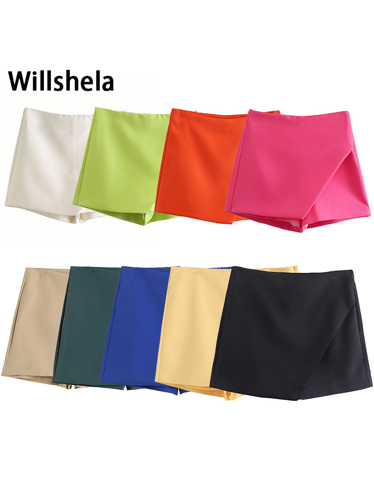 Willshela Women  Asymmetrical Shorts Skirts High Waist Back Pockets Side Zipper Vintage Female Skort Solid