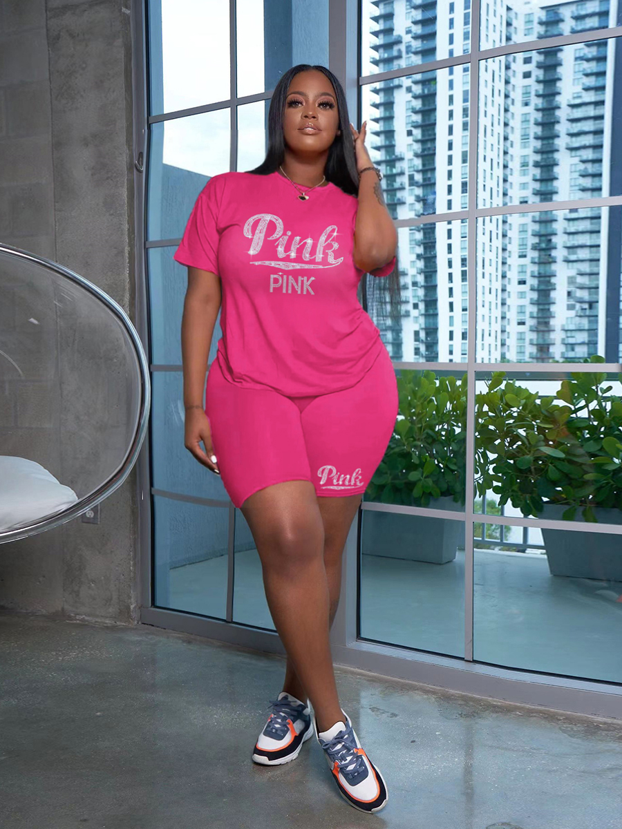 LW Plus Size Shorts Set F Rhinestone Letter Female Polyester Casual Regular Sleeve O Neck Matching Outfits Pink Summer Clothings