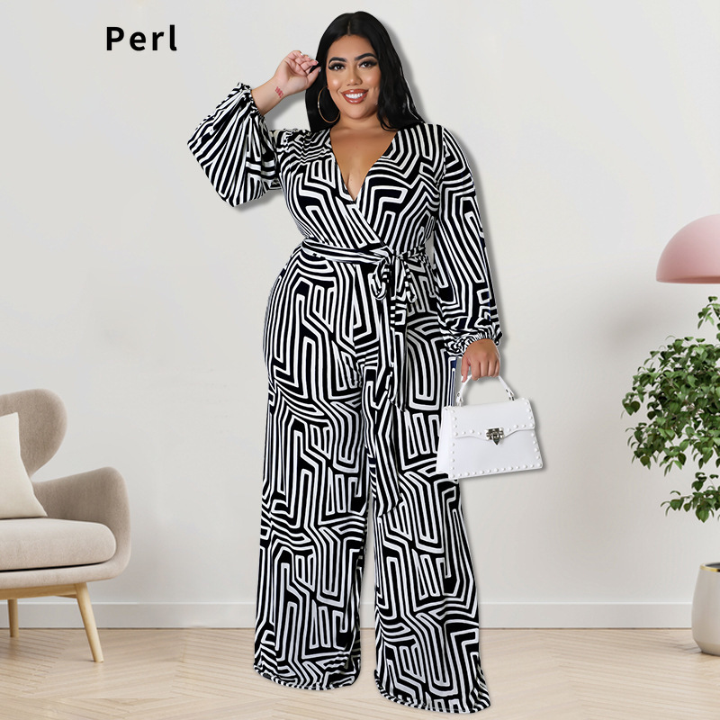 Perl Loose Full Sleeve Jumpsuit for Women Plus Size Outfit V-neck Romper Wide Leg Overall One Piece Clothes Mono De Talla Grande