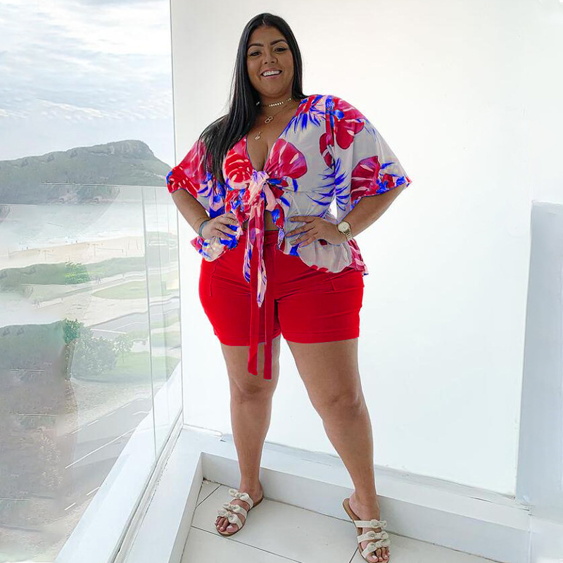 Summer Plus Size Women Clothing Two Piece Set 4xl WholeItems Sexy V Neck Bandage Print Tops Casual Shorts Sets Wholesale