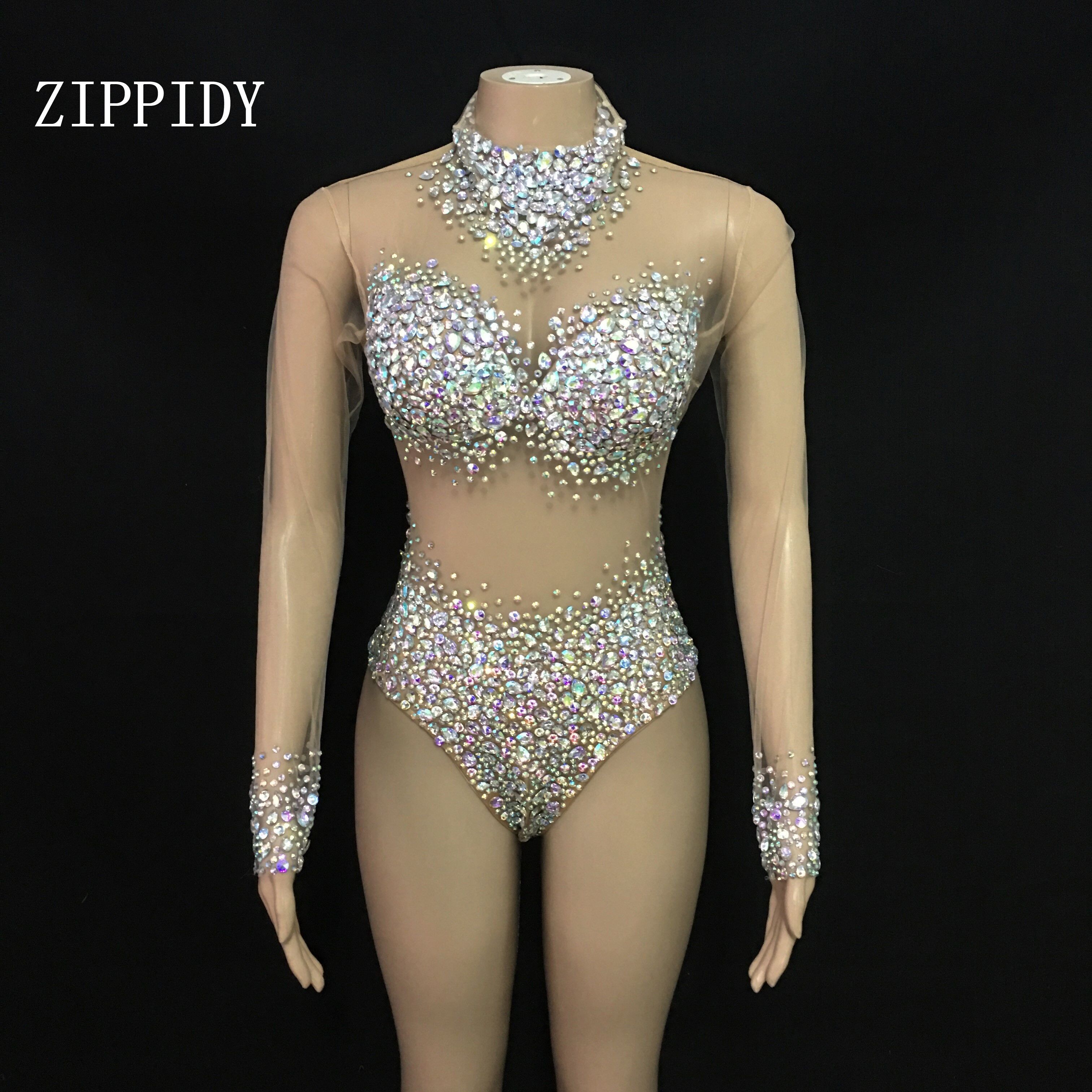 Sexy AB Rhinestones Mesh Bodysuit Birthday Celebrate Wear Female Singer Show Bodysuit Evening Prom Party Stage Wear
