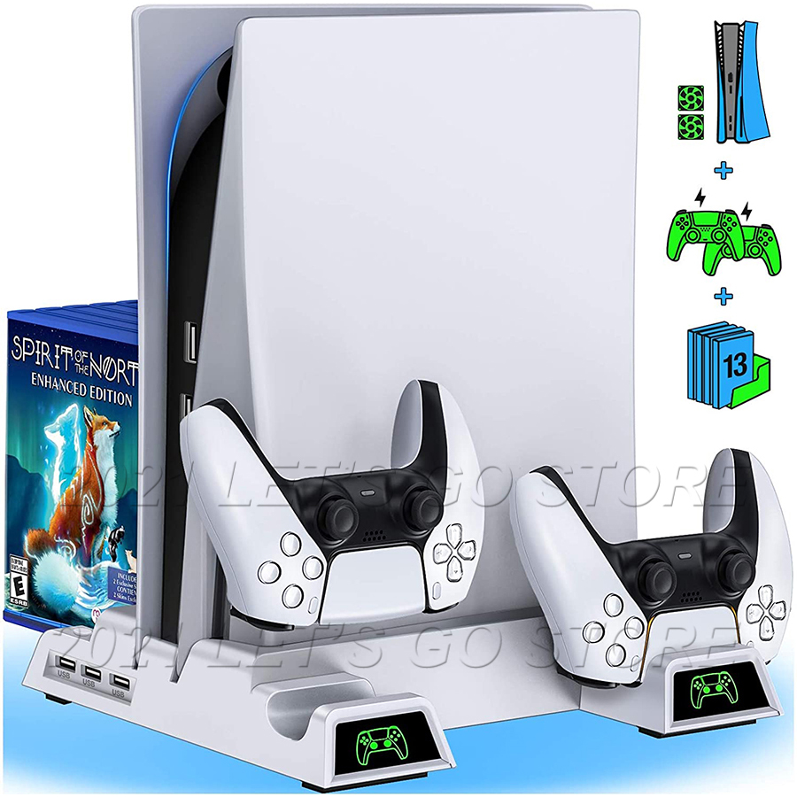 PS5 Vertical Stand 2 Cooling Fan 2 Controller Charger 13 Game Slot for Sony Playstation 5 Play Station PS 5 Console Accessories