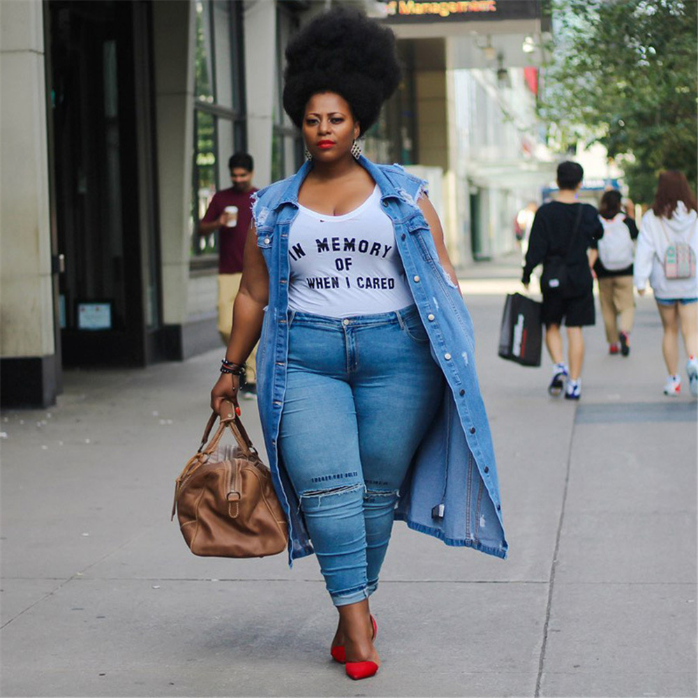HAOOHU Washed Denim Plus Size Women Waistcoat Over-the-knee Vest Loose Jacket Hole Sleeveless Pocket Street Wear Long Coat Urban