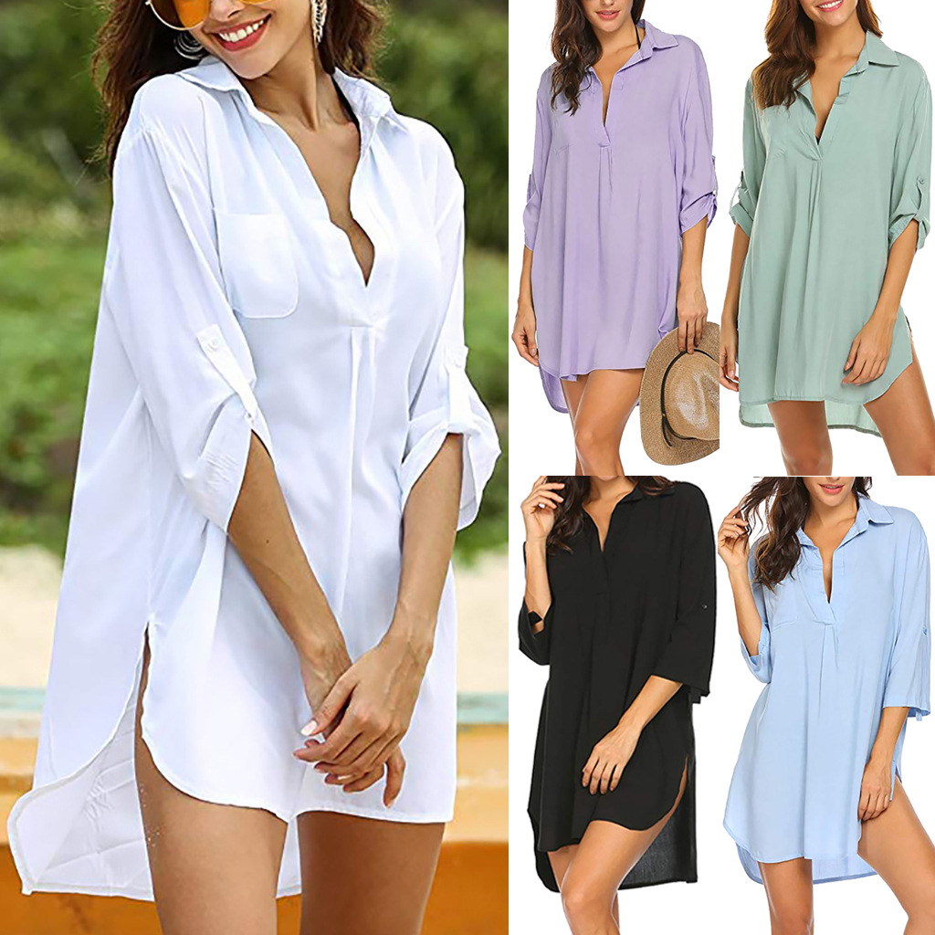 Casual Shirt Women Deep V Neckline Solid Color Sunscreen Beach Wear Cover Up Blouse