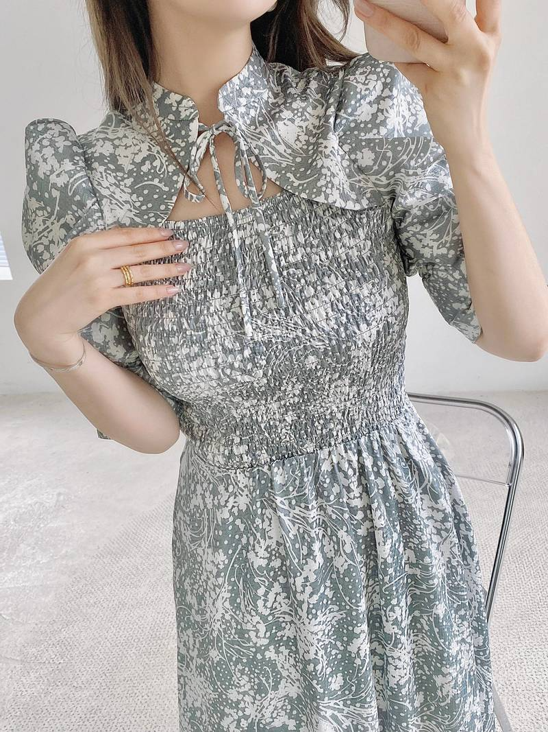 Kuzuwata Stand Collar Lace Up Hollow Out Half Flare Sleeve Vestidos Elasticity Empire Printed Slim Dress Japanese Gentle Robes