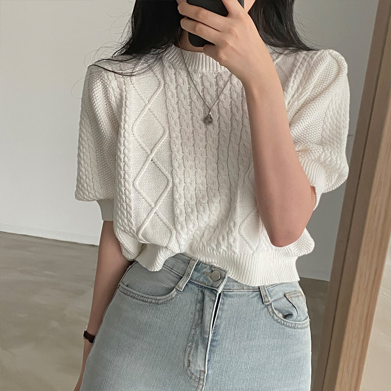 Women French White Simplicity Knitting Sweater Round Neck Short Sleeve Casual  Vintage  Baggy Ladies Tops Summer