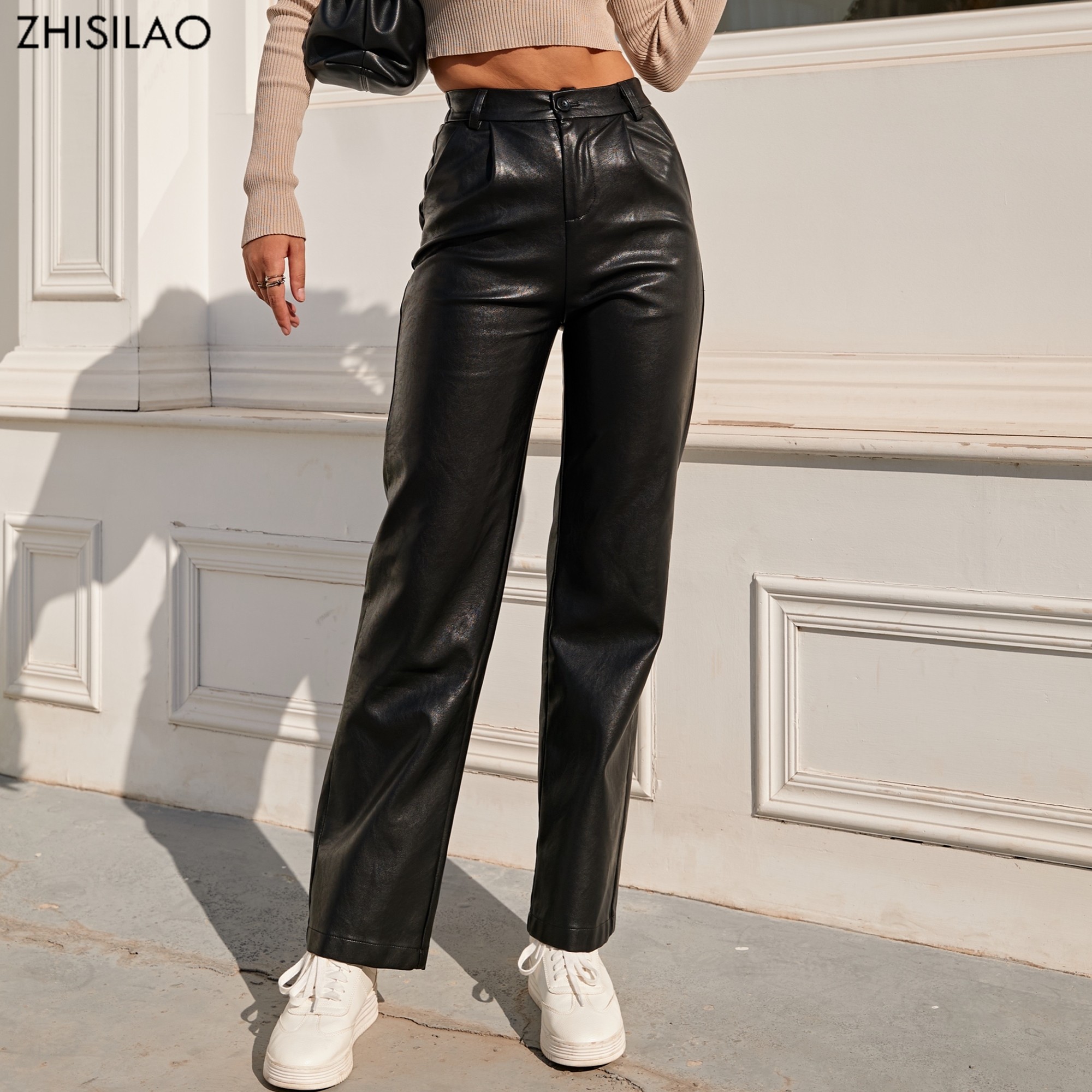 ZHISILAO Faux Leather Elastic Waist Cargo Pants Women Streetwear Vintage Loose Black Straight Trousers Mujer Spring 