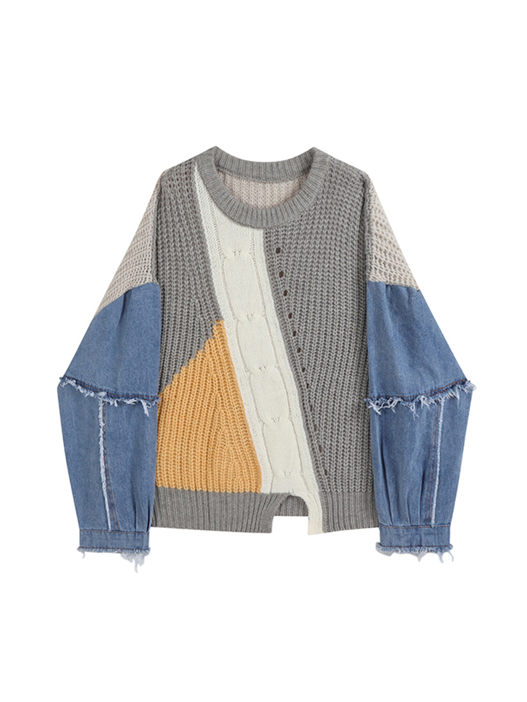  Autumn Winter Women Crew-neck Contrast Color Knitwear Jumper Sweater Loose Long Sleeve Patchwork Tassel Knitted Pullover