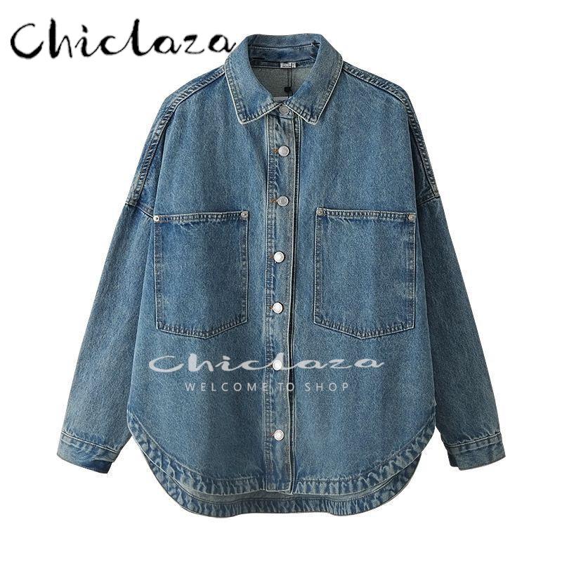 CHICLAZA  Spring Autumn Women Solid Casual Jean Jacket Coat Female  Single-Breasted Lapel Loose Outwear Ladies