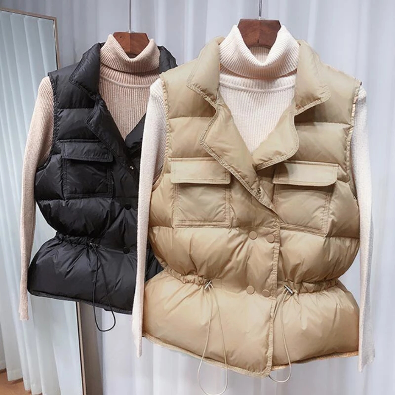 Winter Down Vest Women Short Sleeveless Vest Jacket Lightweight BodyWarmer Waistcoat Female White Gilets Windbreaker Down Coat
