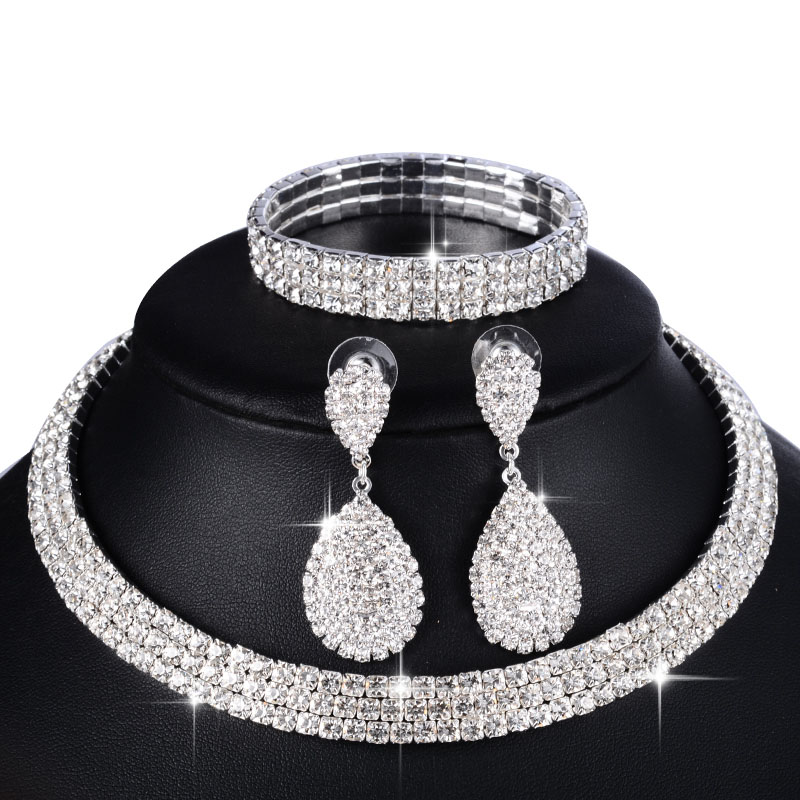 3 PCS  Wedding Bridal Jewelry Sets for Women Necklace Bracelet Australia Crystal Long Earring Set Elastic 11.11 Sale