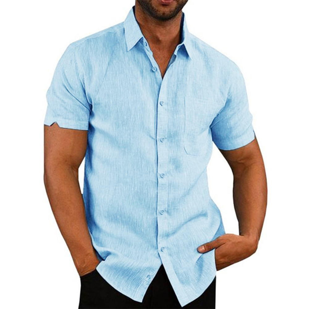  Linen Men's Short-Sleeved Shirts Summer Solid Color Turn-down collar Casual Beach Style Plus Size