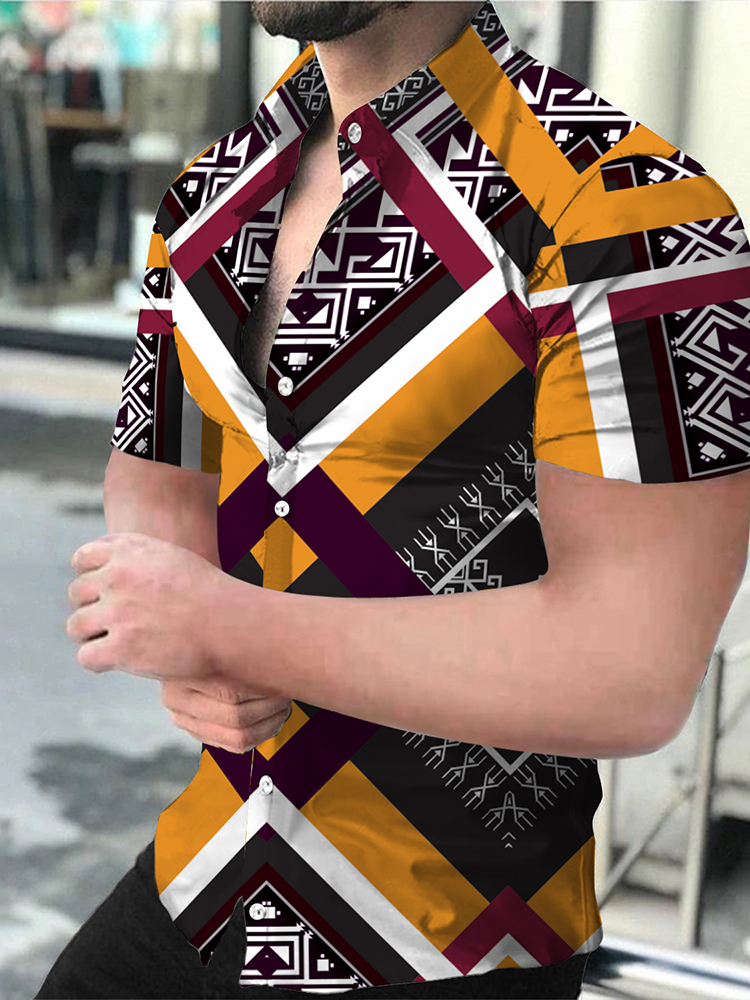   Men's Summer Casual Short Sleeve Shirts Abstract Print Low Elasticity Male Shirt Slim Fit Casual Lapel Top