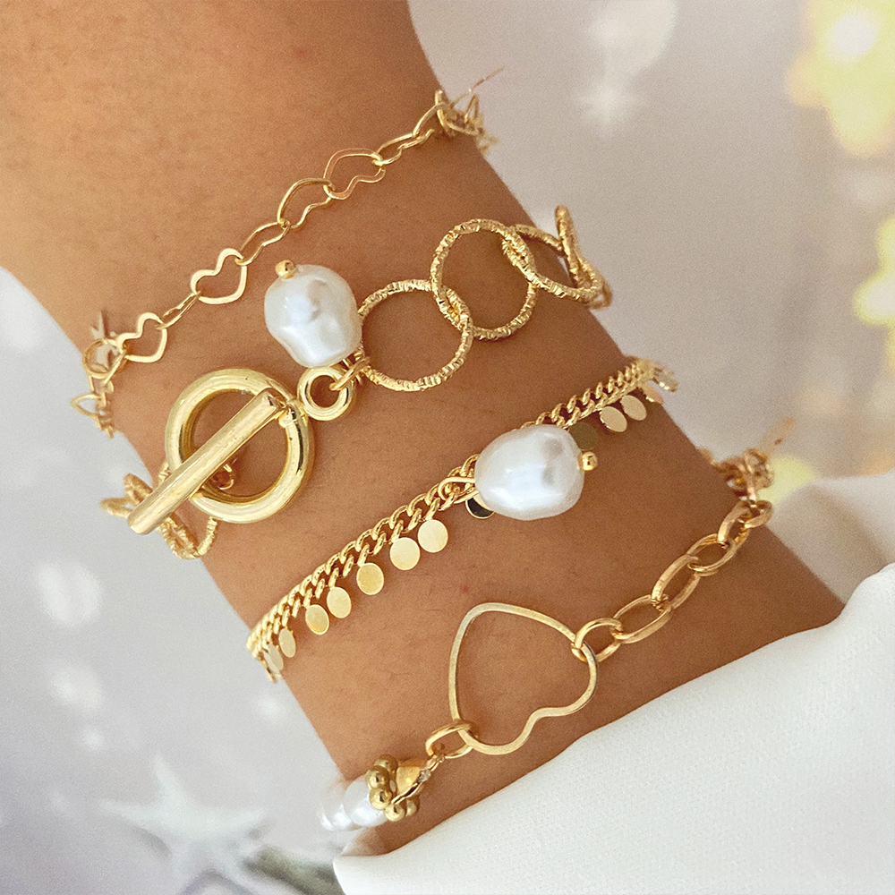 Trendy Punk Chain Bracelet Set For Women Rhinestones Gold Color Leaves Heart Pendant Open Cuff Bangle Girls Jewelry Party gifts