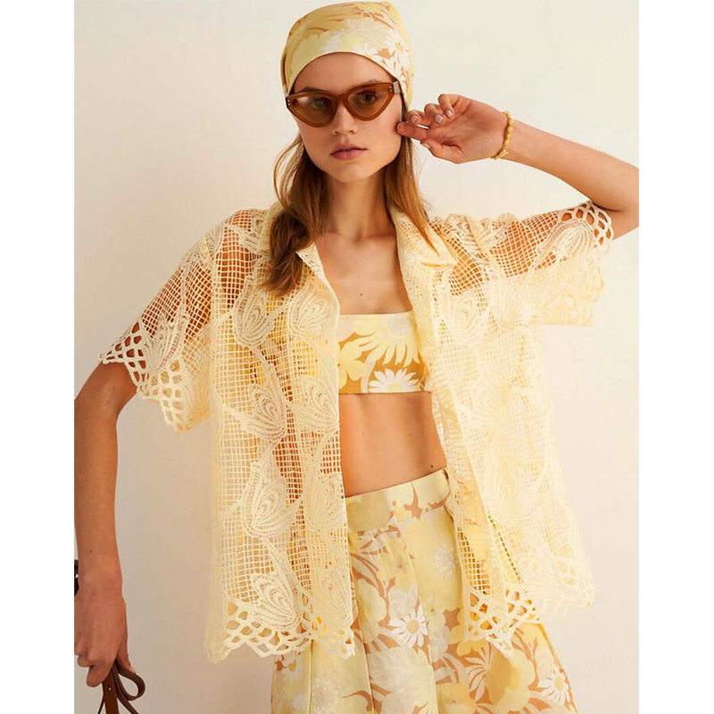 OROT@  Summer 2 Colors  Polyester Hollow Lace Short Sleeve Lapel Daily Casual Cardigan Blouse