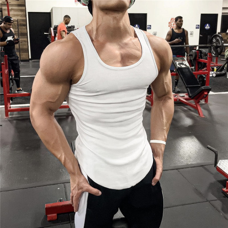 men Bodybuilding Tank Tops Gym Fitness Sleeveless Shirt Stringer Singlet Summer Casual  Printed Undershirt white Vest