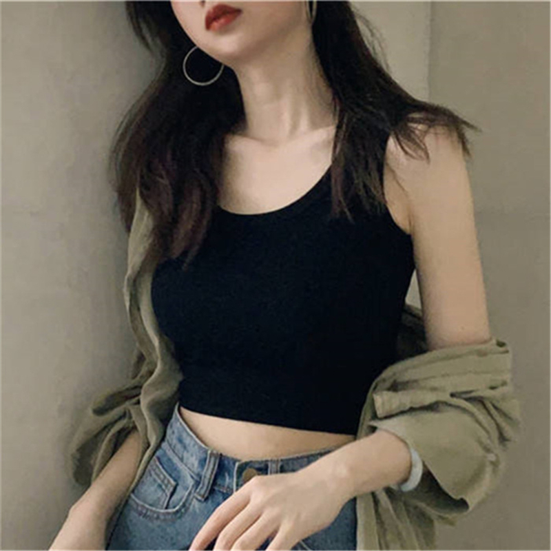 Black Knitted Round Neck Women T-shirt Sexy Sleeveless Camisole Crop Top Woman Tight Stretch Tank Top Ladies Tee Top Streetwear