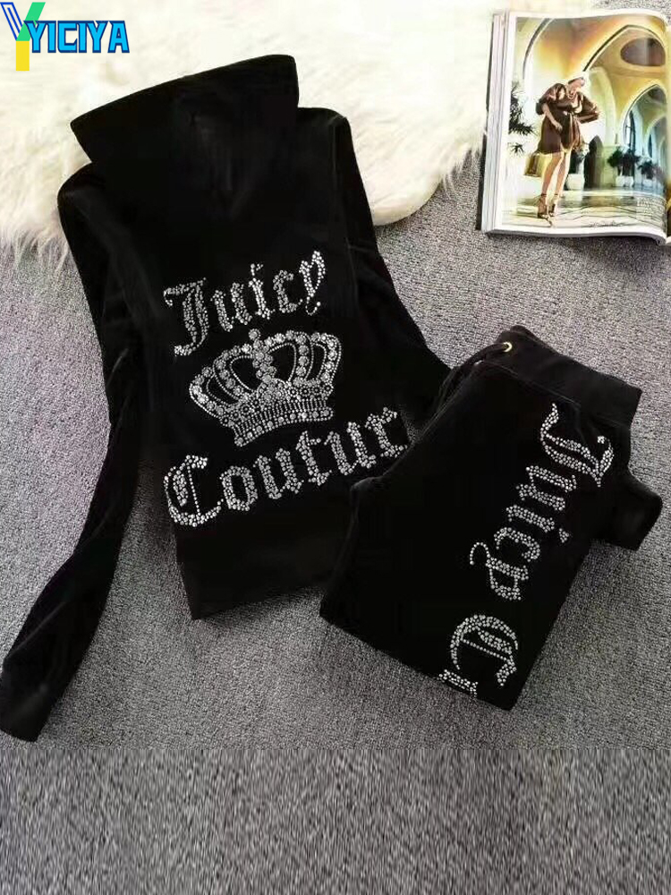 YICIYA TRACKSUIT hoodies Velvet Zipper Sweatshirt And Pants Winter women velour Pant Suit Hoodies Zipper Rhinestone velour suits