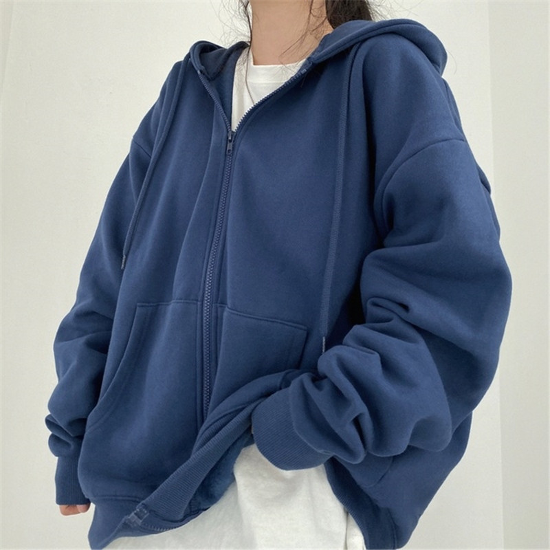 Women Hoodie Harajuku  Version Oversized Solid Color Zip Up Sweatshirt Female Casual Long Sleeve Pocket Hooded Coat Jacket