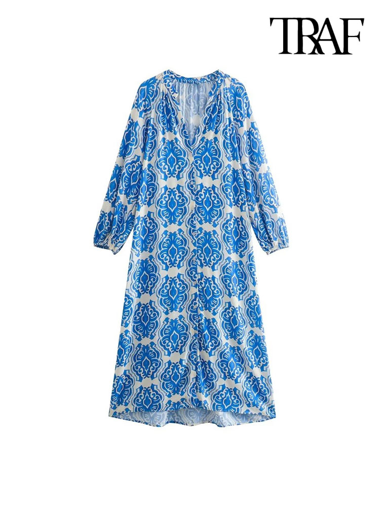 TRAF Women  Front Buttons Printed Midi Dress Vintage V Neck Long Lantern Sleeve Female Dresses Vestidos Mujer