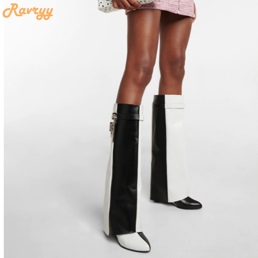 Black/white Splicing Cowhide Boots Round Toe Wedges Lock Knee High Boots Women  Novelty  Long Boots