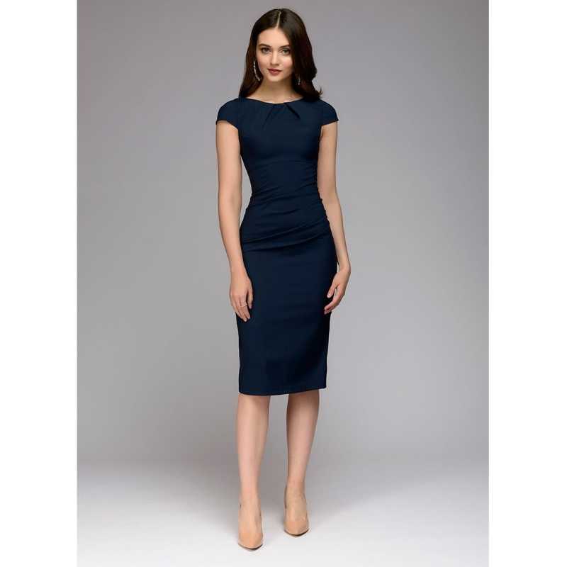  Spring Summer dress Women  Slim dress Short Sleeve Office Business Dress Elegant Sheath Party  Dark Blue Dress