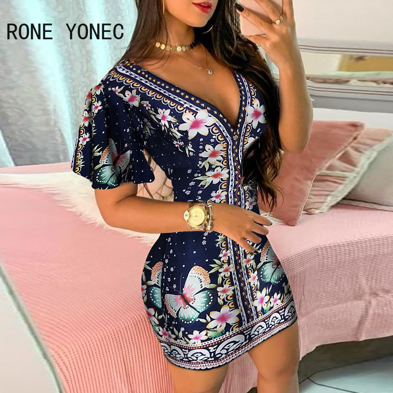 Women Elegant Dress Floral Butterfly Print Ruffles Bodycon Dress Casual Mini Dress Vacation Dress 