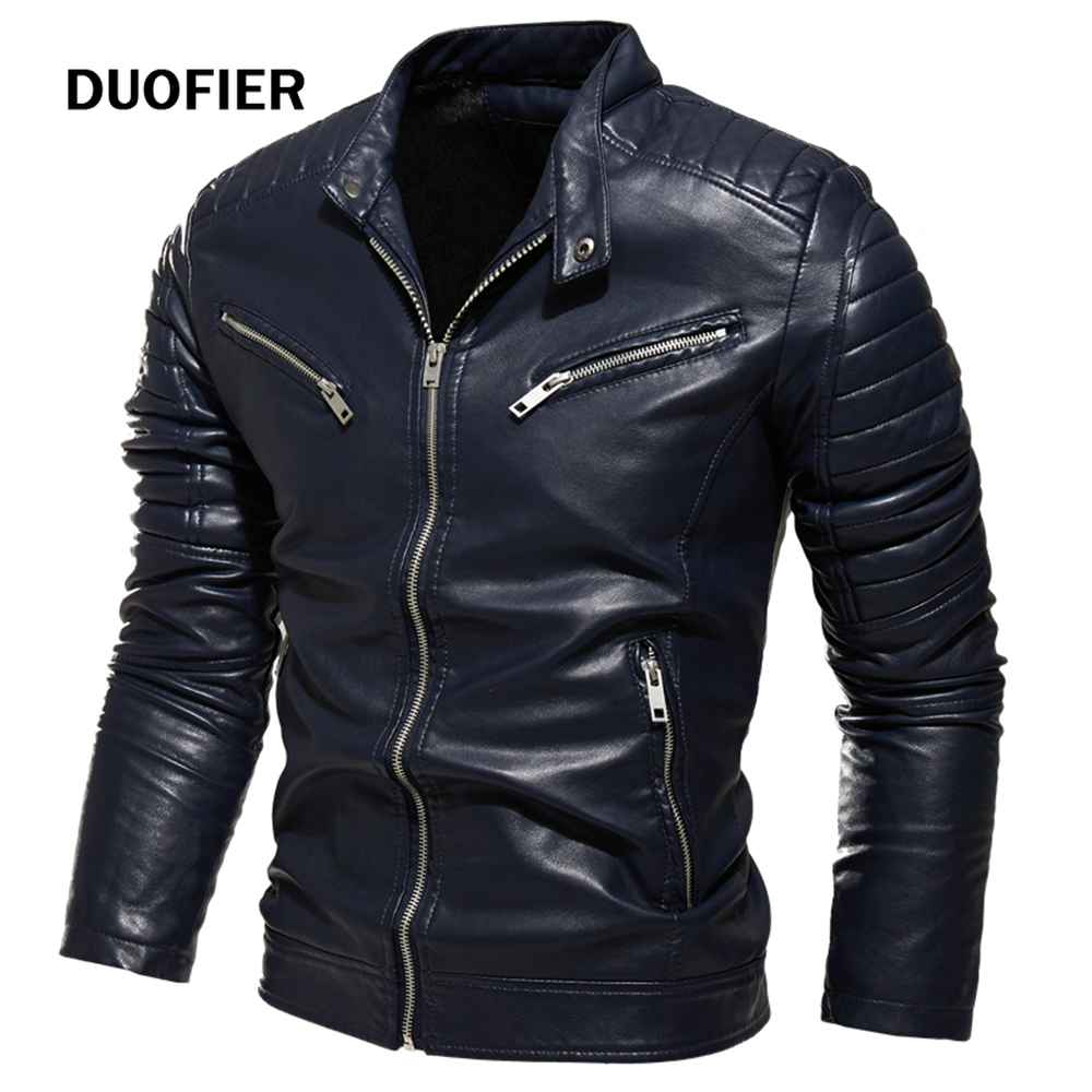  Winter Black Leather Jacket Men Fur Lined Warm Motorcycle Jacket Slim Street  BLack Biker Coat Pleated Design Zipper