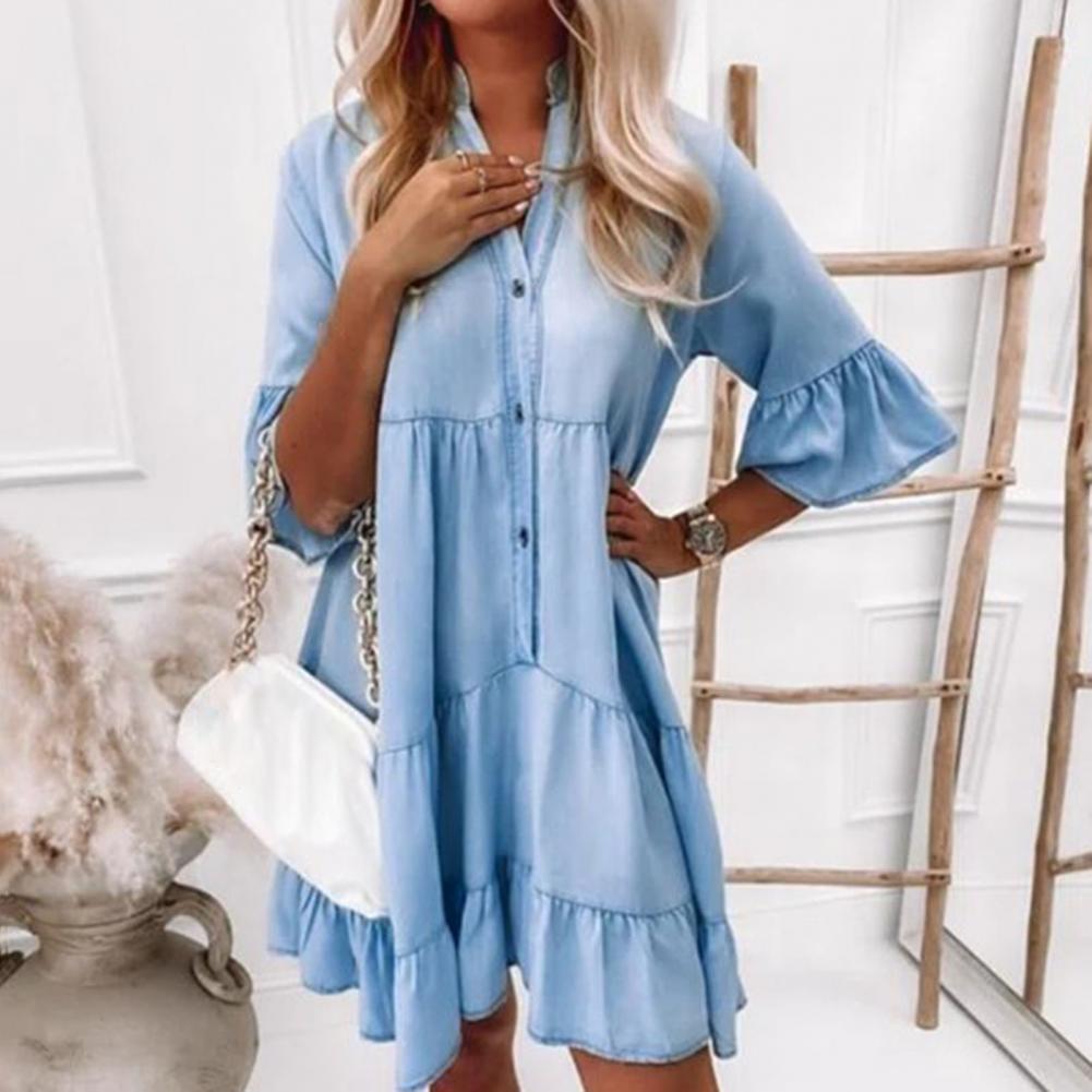 S - 3XL Cotton Denim Women Dress Solid Color Mid Sleeves A-line Pattern Above Knee Stand Collar Ruffle Shirt Dress Daily Clothes