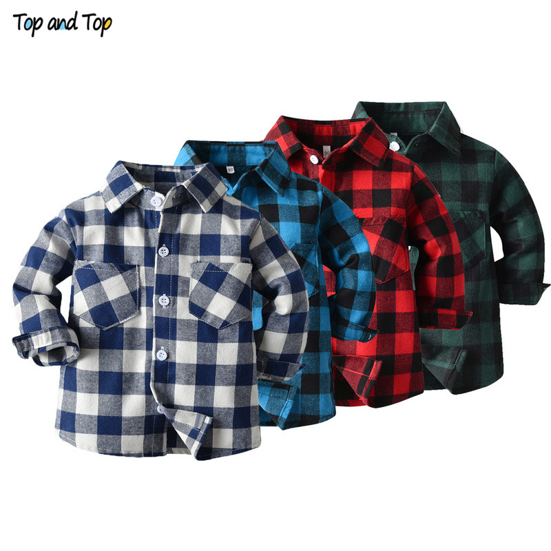 Top and Top Spring Autumn  Baby Boy Long Sleeve Cotton Plaid Shirt Casual Turn-down Classic Kids Gentleman Blouses Tops