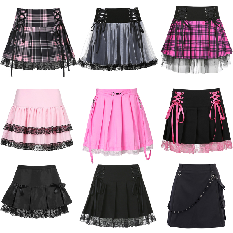 E-girl Gothic Lace Mini Pleated Skirt Women Punk Y2K Aesthetic High Waist A-Line Short Skirt 90s Vintage Harajuku Streetwear