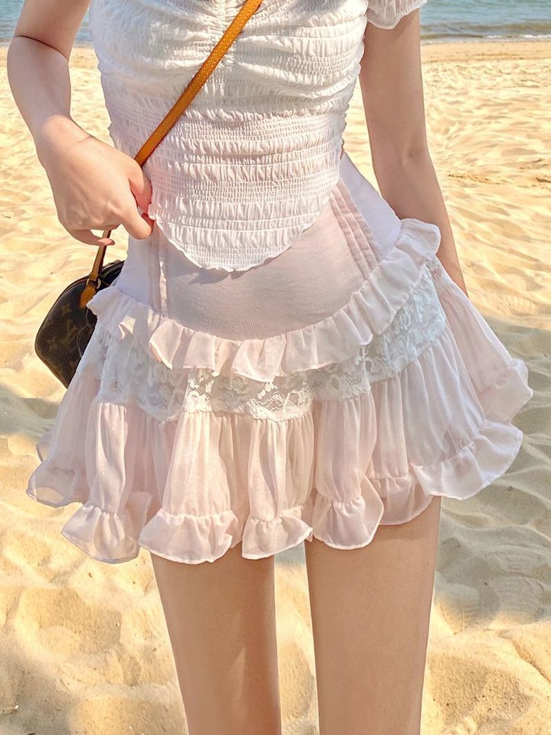 Summer Lace Sweet Skirts Women Designer Patchwork Cute Mini Skirts Female   Ruffle Flounce Kawaii Party Skirts 