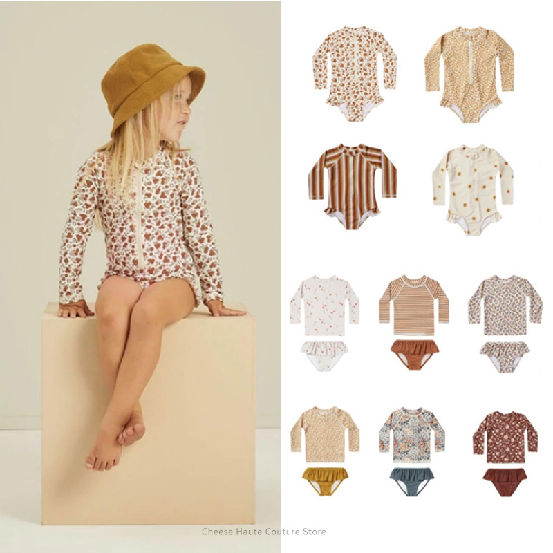 RC Baby Girls Swimwears 1-12y Kids  Long Sleeve Sunscreen Floral Toddler Swimming Swimsuit Striped Bikini Suits 