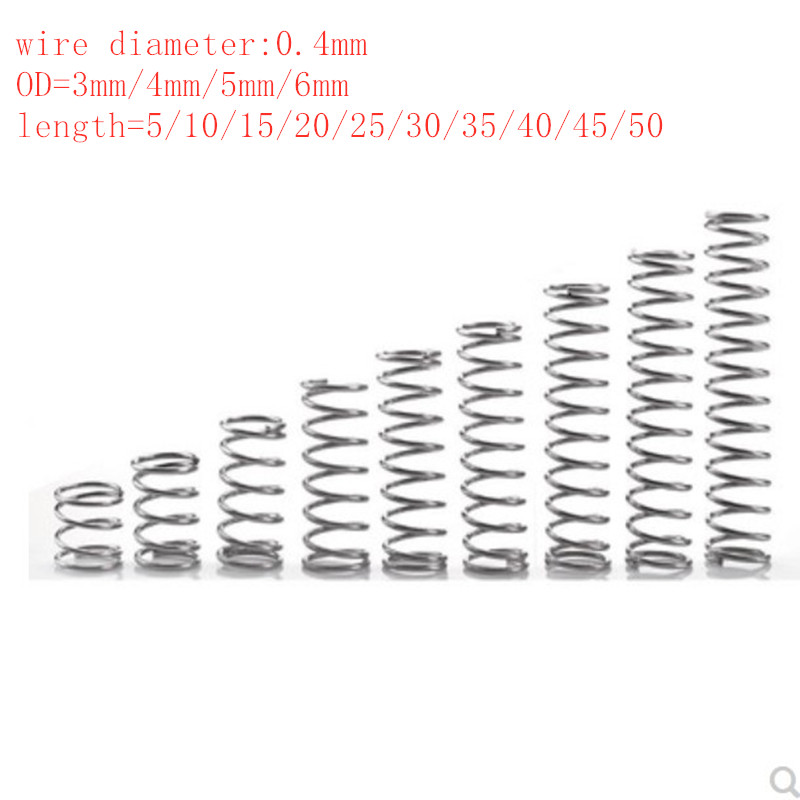 20pcs/lot 0.4mm Stainless Steel  Micro Small Compression spring OD 3mm/4mm/5mm/6mm length 5mm to 50mm