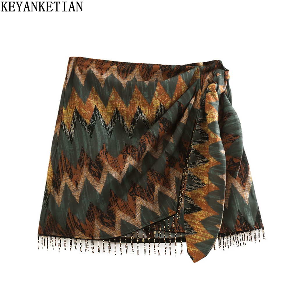 KEYANKETIAN  Vintage Geometric Print Mini Skirt Knotted Sarong Beaded Fringe Wrap Vestidos Casual Zip Short Skort Mujer