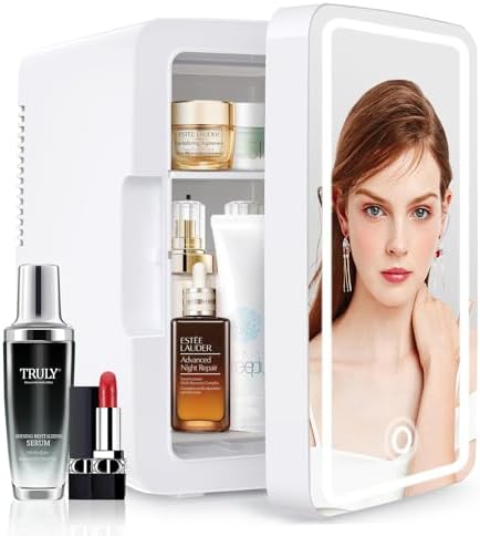 PERSONAL CHILLER Mini Fridge, 6.8L Skincare Fridge with LED Makeup Mirror, Low Noise/Energy Consumption Portable Cosmetic Mini Fridge for Refrigerating Makeup, Snacks, Bedroom Vanity, Office (white)