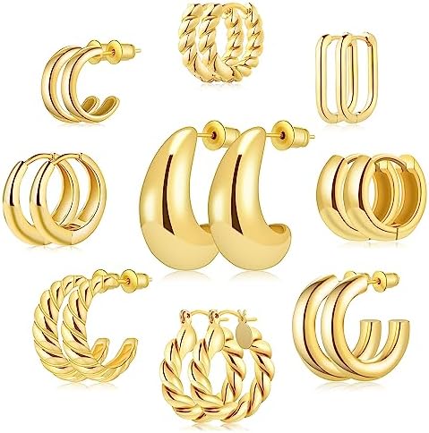 9 Pairs Gold/Sterling Silver Plated Hoop Earrings Set for Women Trendy Chunky Gold Hoops 14K Real Gold Plated Small Huggie Clip-ons Earrings for Sensitive Ears Non Tarnish Jewelry
