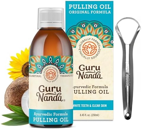 GuruNanda Original Oil Pulling with Tongue Scraper, Alcohol & Fluoride Free Mouthwash for Teeth & Gum Health & Fresh Breath (Unflavoured), 8.45 Fl Oz