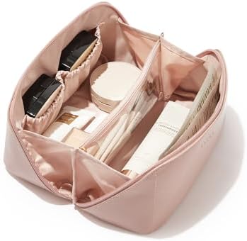EACHY Travel Makeup Bag,Large Capacity Cosmetic Bags for Women,Waterproof Portable Pouch Open Flat Toiletry Bag Make up Organizer with Divider and Handle