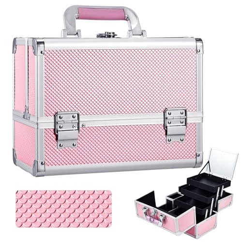 Joligrace Makeup Train Case Cosmetic Box 11.6 Inches Jewelry Organizer Professional 3 Tiers Trays with Mirror and Brush Holder Lockable Key Portable Travel Mermaid Pink