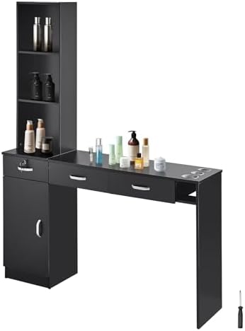 VEVOR Salon Station, Wall Mount Barber Salon Station for Hair Stylist, Beauty Spa Furniture Set, 1 Storage Cabinet, 3 Open Cubbies and 3 Drawers(One Lockable), Black