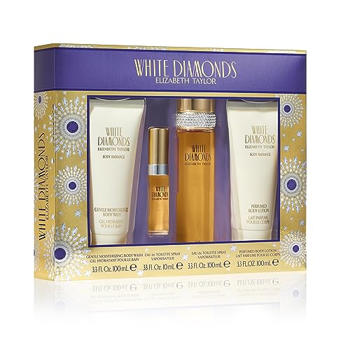 Elizabeth Taylor White Diamonds 4-Piece Set for Women, (3.3 Oz Eau De Toilette Spray+ 0.33 Oz Eau De Toilette + 3.3 Oz Body Lotion + 3.3 Oz Body Wash)
