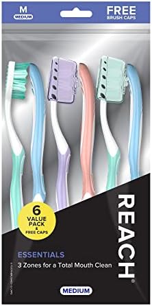 Reach Essentials Toothbrush with Toothbrush Covers, Multi-Angled Medium Bristles, Contoured Handle, Tongue Scraper, 6 Count