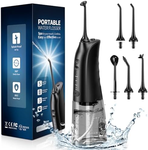 Demita Cordless Water Flosser for Teeth, 300ML 3 Modes 5 Jet Tips Portable Electric Flosser Pick for Adults, IPX7 Waterproof Oral Irrigator Dental Flosser Cleaning Kit for, Gums, Braces Care(Black)